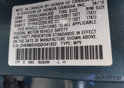 2016 Honda Cr-V Ex from USA, damaged, VIN 2HKRM3H50GH541852